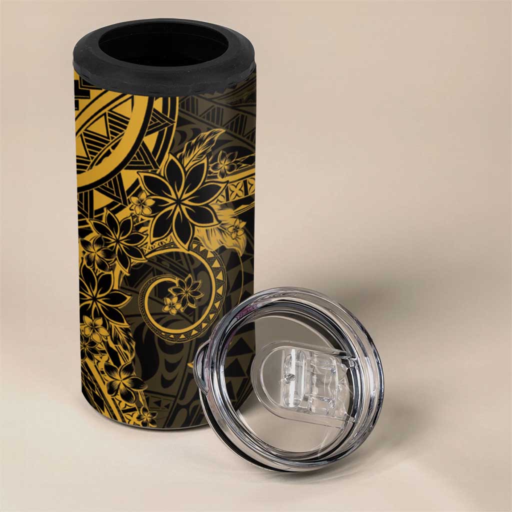 Gold Polynesian Pattern With Plumeria Flowers 4 in 1 Can Cooler Tumbler