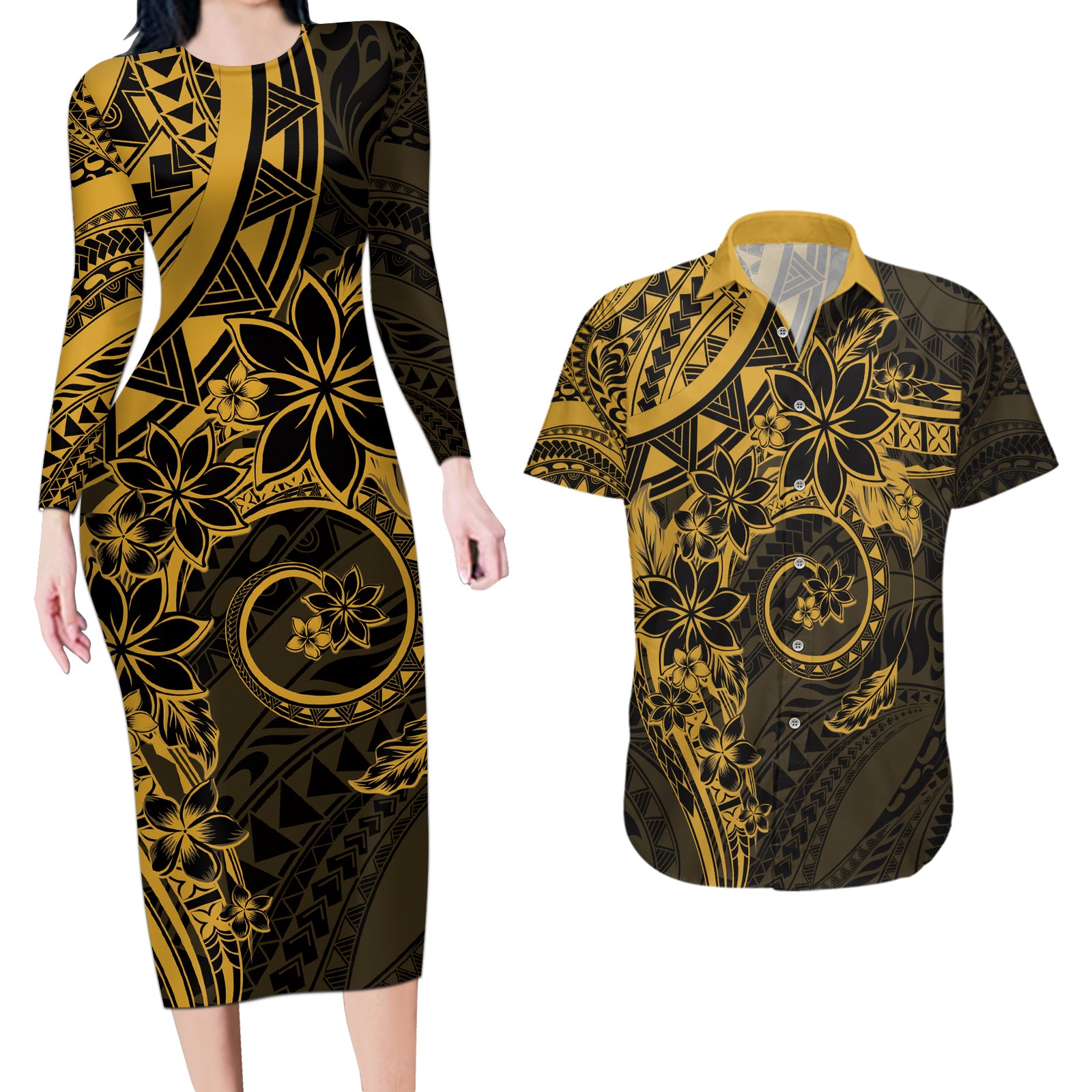 Polynesian Sunset Plumeria Couples Matching Long Sleeve Bodycon Dress and Hawaiian Shirt Gold Polynesian Tattoo