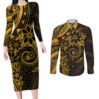 Polynesian Sunset Plumeria Couples Matching Long Sleeve Bodycon Dress and Long Sleeve Button Shirt Gold Polynesian Tattoo