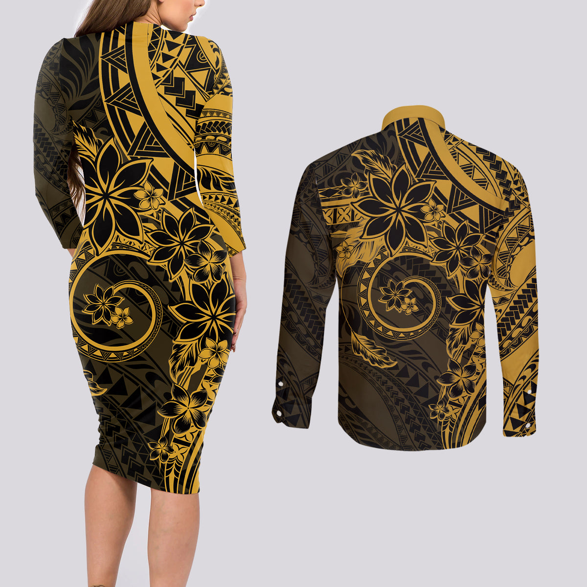 Polynesian Sunset Plumeria Couples Matching Long Sleeve Bodycon Dress and Long Sleeve Button Shirt Gold Polynesian Tattoo