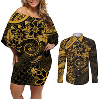 Polynesian Sunset Plumeria Couples Matching Off Shoulder Short Dress and Long Sleeve Button Shirt Gold Polynesian Tattoo