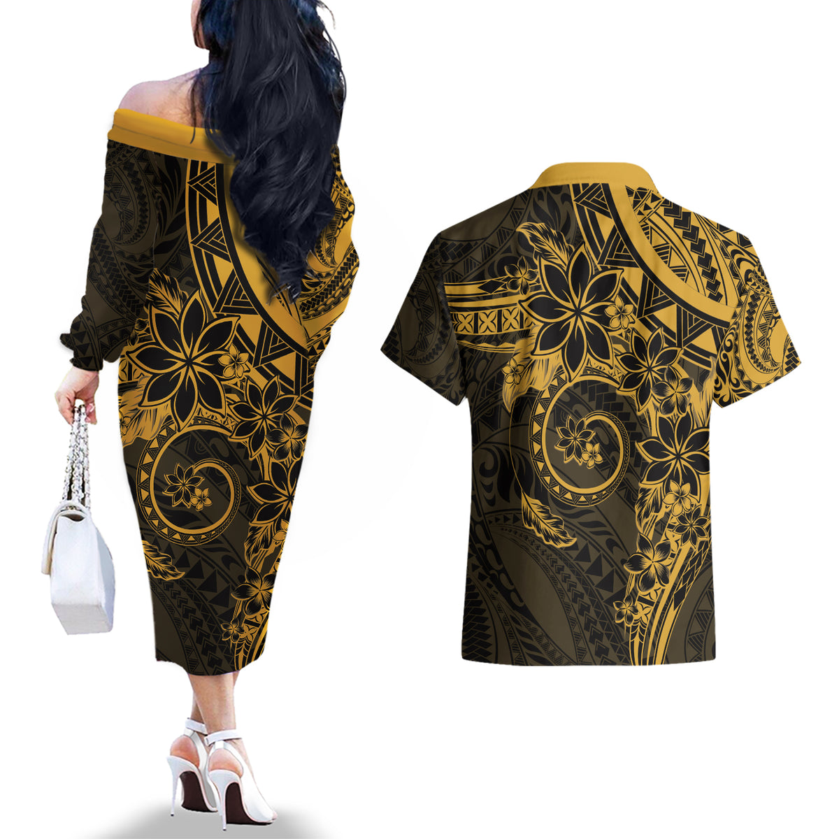 Polynesian Sunset Plumeria Couples Matching Off The Shoulder Long Sleeve Dress and Hawaiian Shirt Gold Polynesian Tattoo