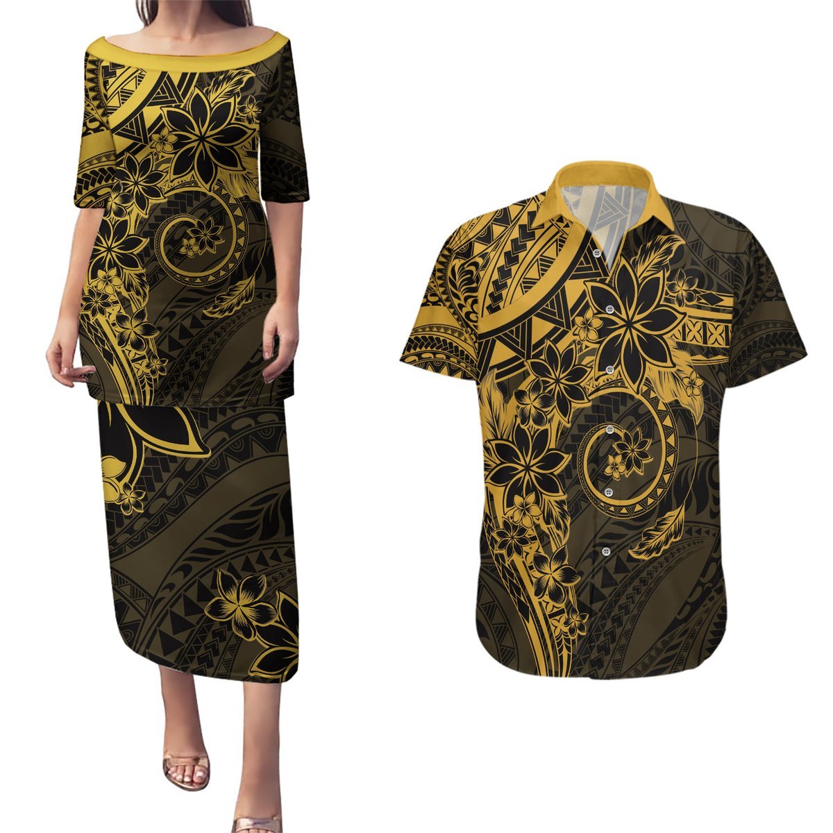 Polynesian Sunset Plumeria Couples Matching Puletasi and Hawaiian Shirt Gold Polynesian Tattoo LT05 Gold - Polynesian Pride