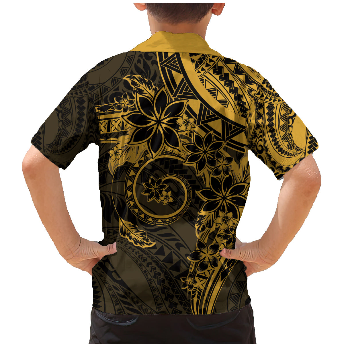 Polynesian Sunset Plumeria Family Matching Mermaid Dress and Hawaiian Shirt Gold Polynesian Tattoo