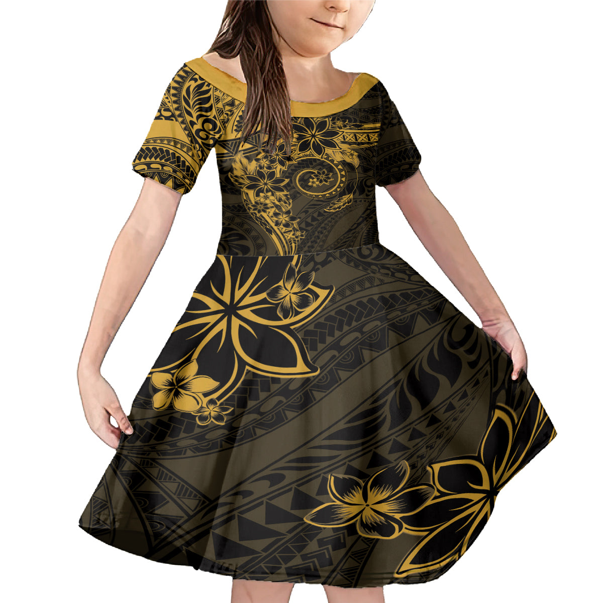 Polynesian Sunset Plumeria Family Matching Mermaid Dress and Hawaiian Shirt Gold Polynesian Tattoo