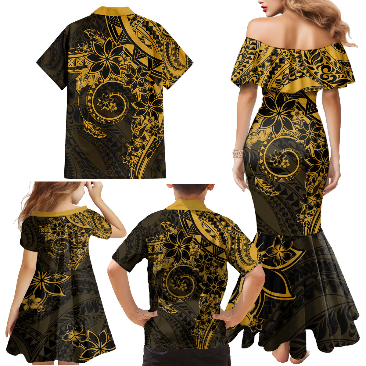 Polynesian Sunset Plumeria Family Matching Mermaid Dress and Hawaiian Shirt Gold Polynesian Tattoo