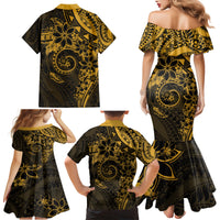 Polynesian Sunset Plumeria Family Matching Mermaid Dress and Hawaiian Shirt Gold Polynesian Tattoo