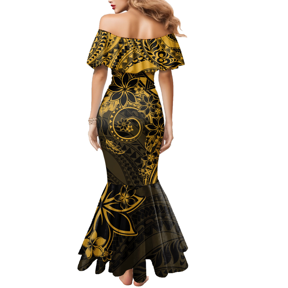 Polynesian Sunset Plumeria Family Matching Mermaid Dress and Hawaiian Shirt Gold Polynesian Tattoo