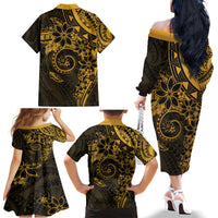 Polynesian Sunset Plumeria Family Matching Off The Shoulder Long Sleeve Dress and Hawaiian Shirt Gold Polynesian Tattoo