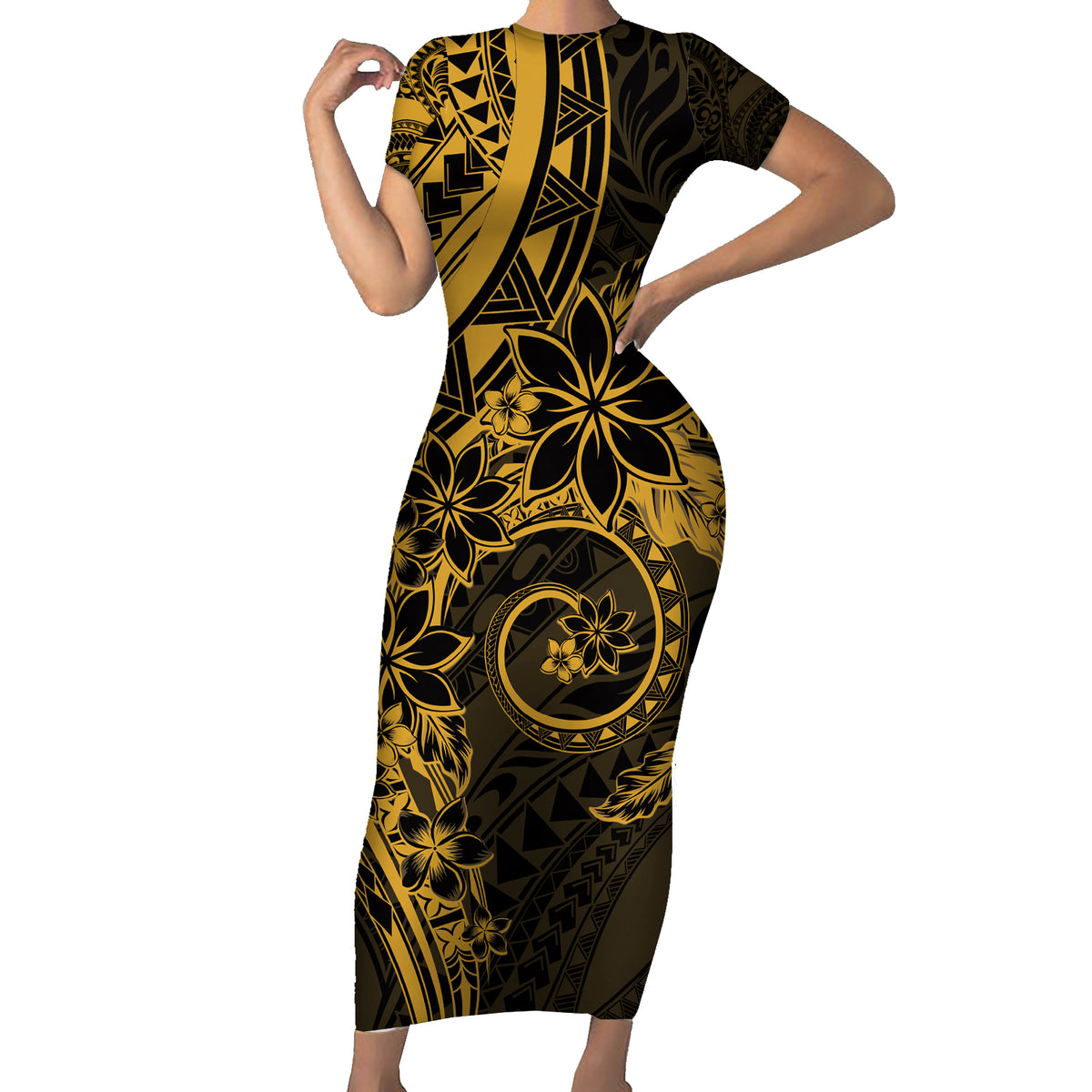 Polynesian Sunset Plumeria Family Matching Short Sleeve Bodycon Dress and Hawaiian Shirt Gold Polynesian Tattoo