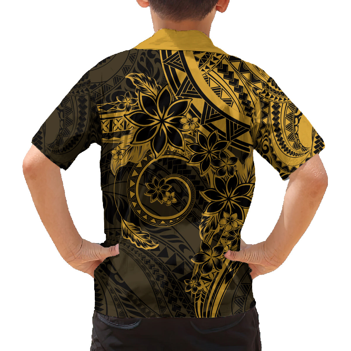 Polynesian Sunset Plumeria Family Matching Tank Maxi Dress and Hawaiian Shirt Gold Polynesian Tattoo