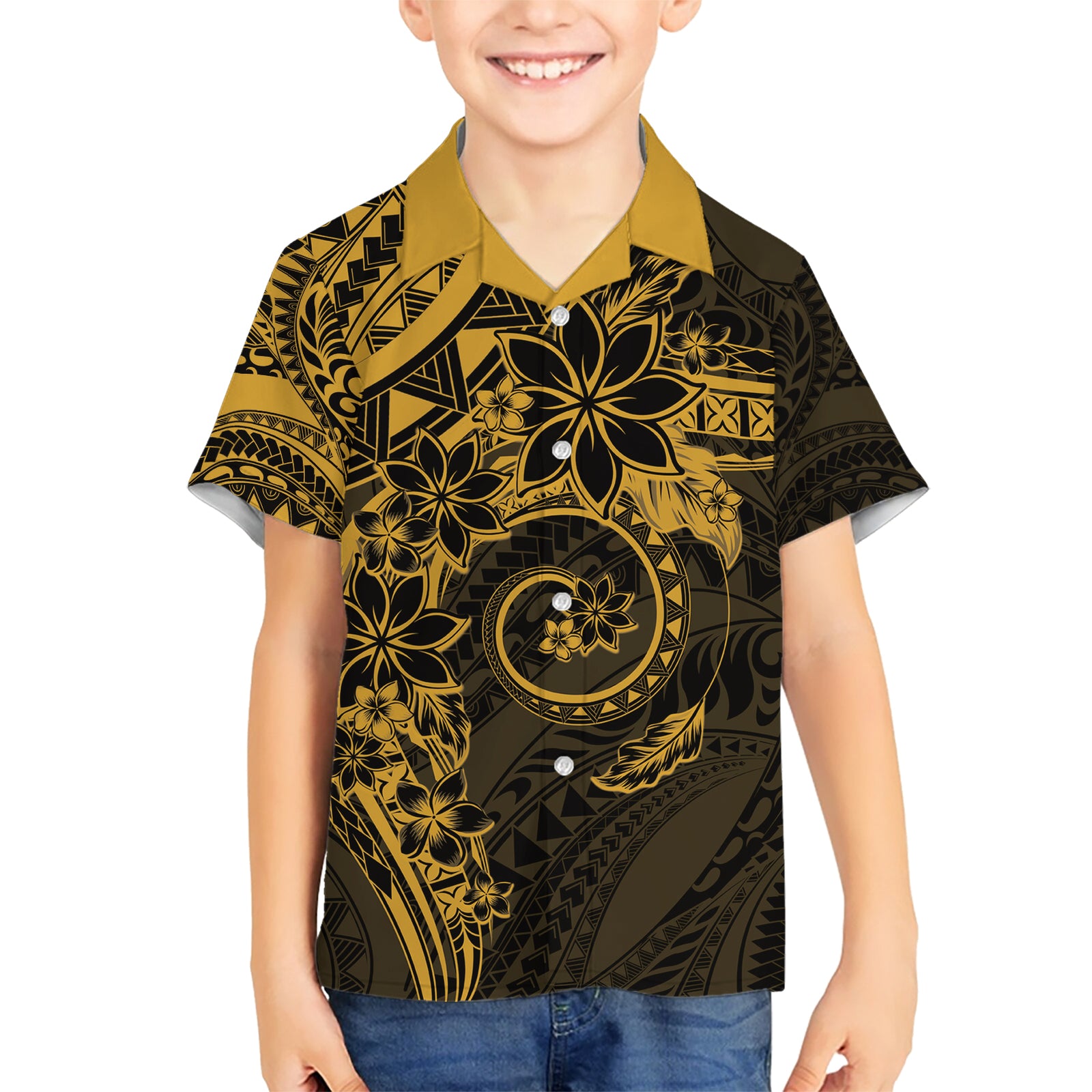 Polynesian Sunset Plumeria Kid Hawaiian Shirt Gold Polynesian Tattoo LT05 Kid Gold - Polynesian Pride