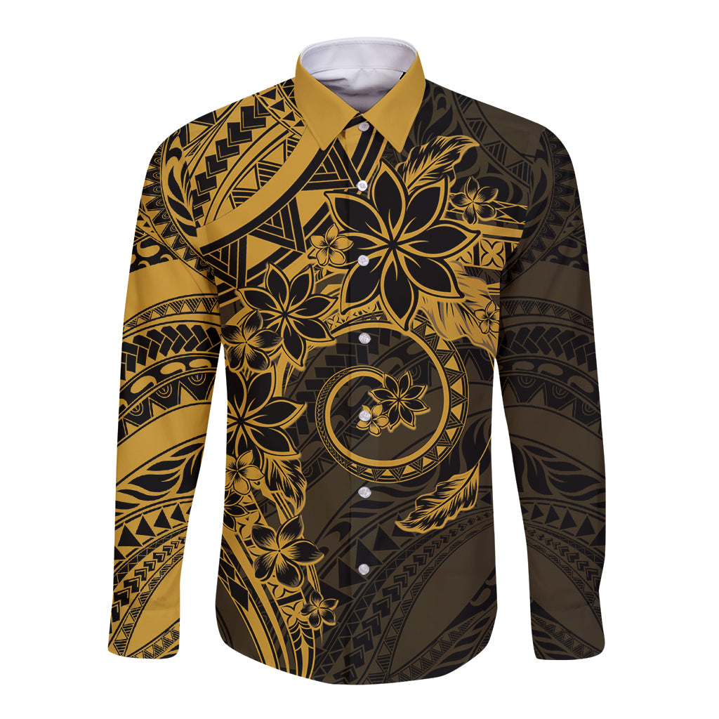 Polynesian Sunset Plumeria Long Sleeve Button Shirt Gold Polynesian Tattoo LT05 Unisex Gold - Polynesian Pride