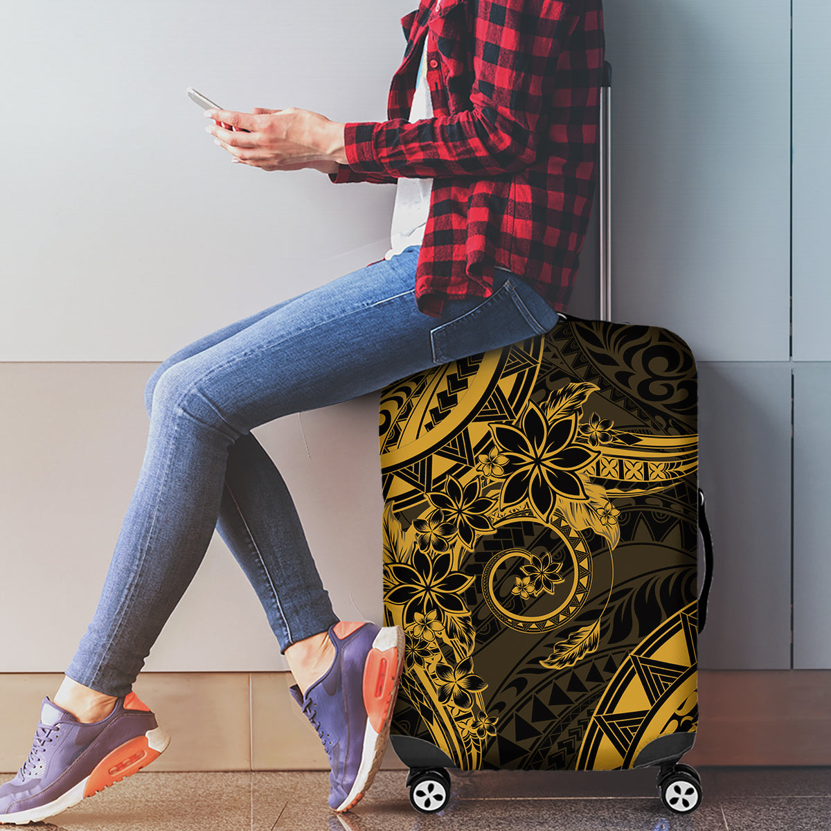 Polynesian Sunset Plumeria Luggage Cover Gold Polynesian Tattoo LT05 - Polynesian Pride