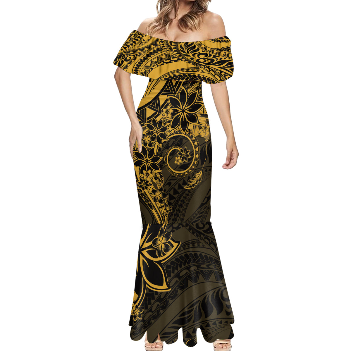 Polynesian Sunset Plumeria Mermaid Dress Gold Polynesian Tattoo