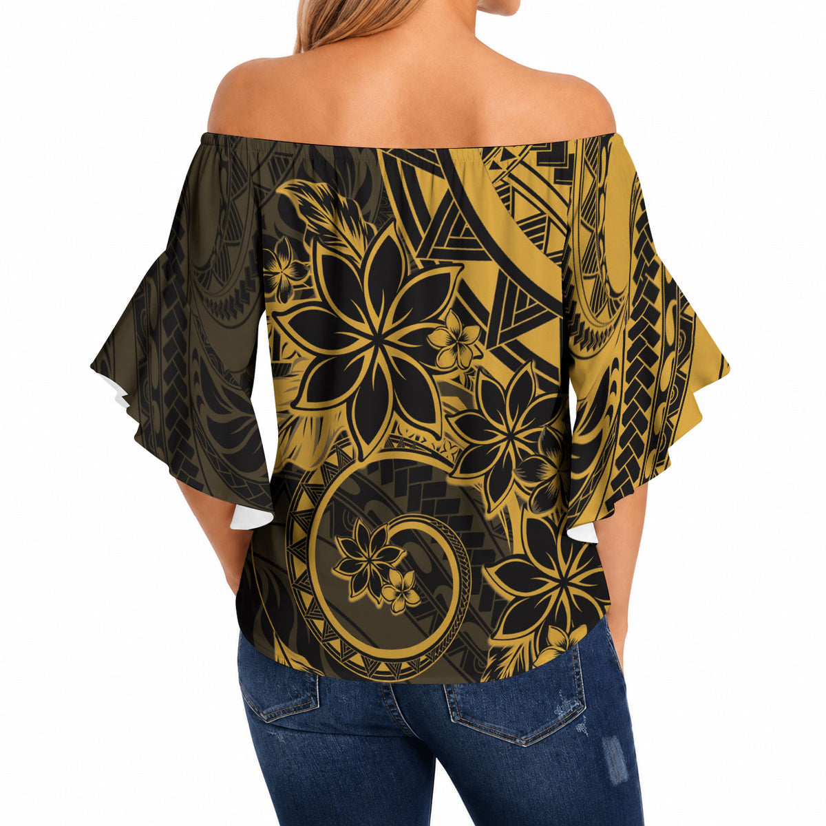 Polynesian Sunset Plumeria Off Shoulder Wrap Waist Top Gold Polynesian Tattoo LT05 - Polynesian Pride