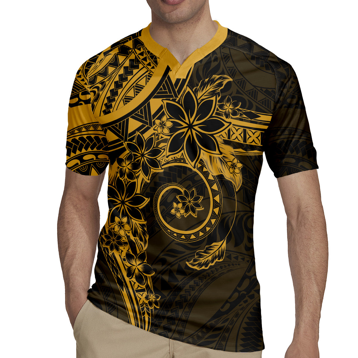 Polynesian Sunset Plumeria Rugby Jersey Gold Polynesian Tattoo