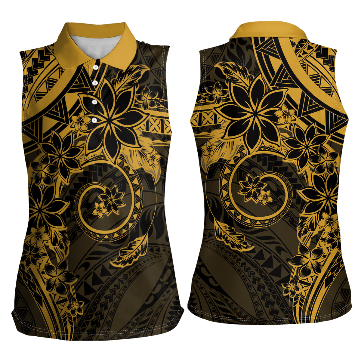 Polynesian Sunset Plumeria Women Sleeveless Polo Shirt Gold Polynesian Tattoo