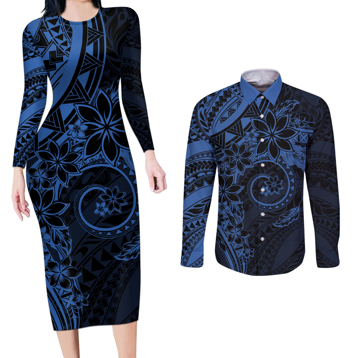 Polynesian Sunset Plumeria Couples Matching Long Sleeve Bodycon Dress and Long Sleeve Button Shirt Navy Polynesian Tattoo