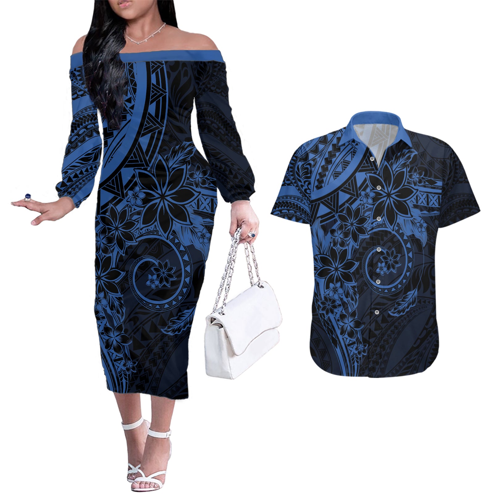 Polynesian Sunset Plumeria Couples Matching Off The Shoulder Long Sleeve Dress and Hawaiian Shirt Navy Polynesian Tattoo