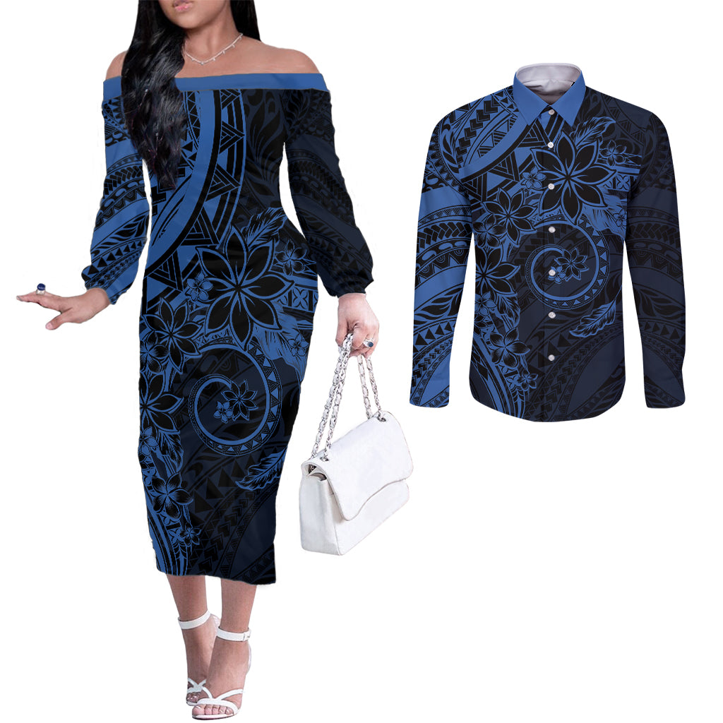 Polynesian Sunset Plumeria Couples Matching Off The Shoulder Long Sleeve Dress and Long Sleeve Button Shirt Navy Polynesian Tattoo