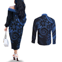 Polynesian Sunset Plumeria Couples Matching Off The Shoulder Long Sleeve Dress and Long Sleeve Button Shirt Navy Polynesian Tattoo