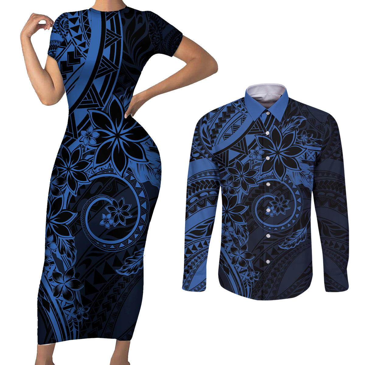 Polynesian Sunset Plumeria Couples Matching Short Sleeve Bodycon Dress and Long Sleeve Button Shirt Navy Polynesian Tattoo