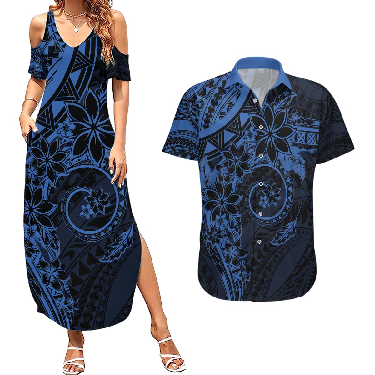 Polynesian Sunset Plumeria Couples Matching Summer Maxi Dress and Hawaiian Shirt Navy Polynesian Tattoo