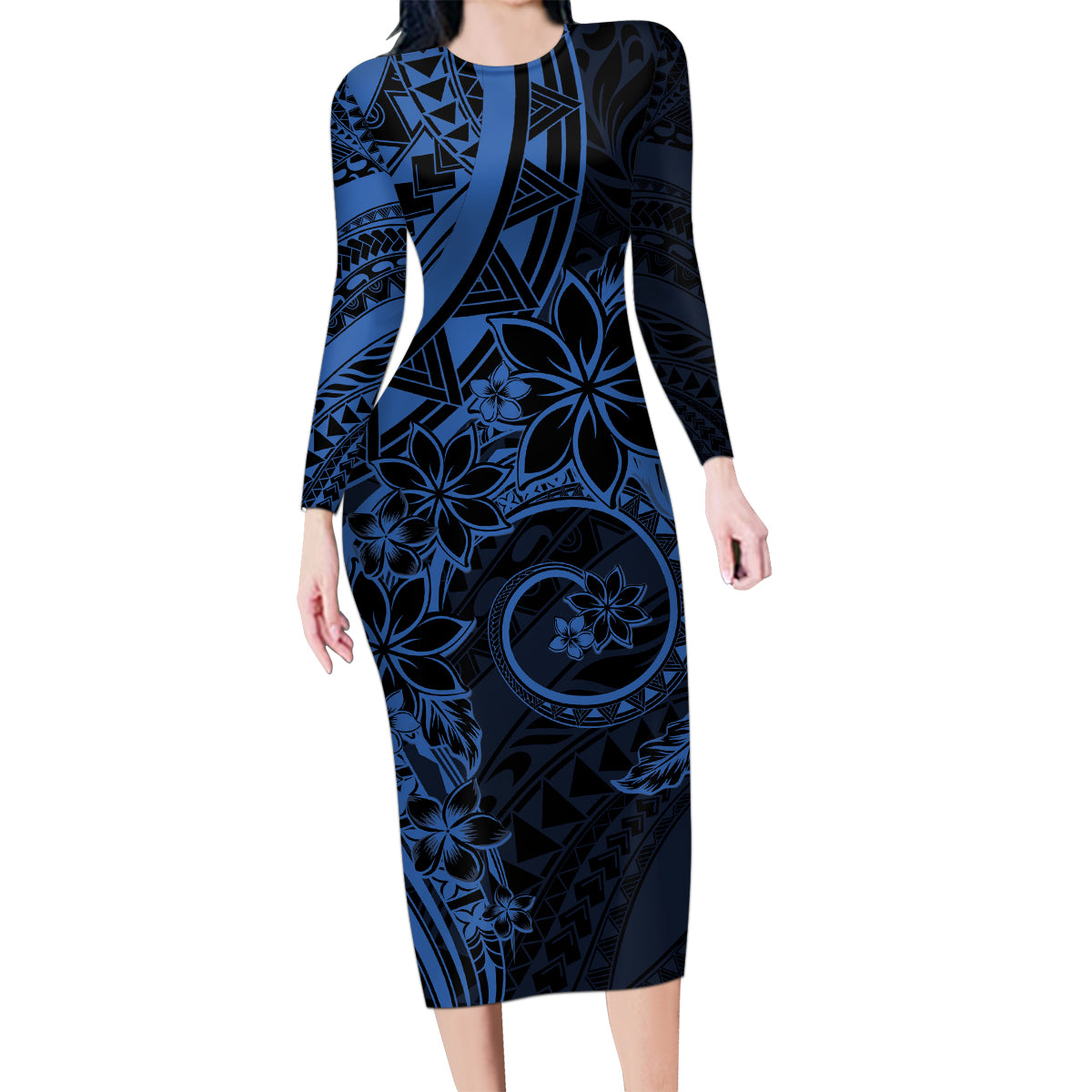 Polynesian Sunset Plumeria Family Matching Long Sleeve Bodycon Dress and Hawaiian Shirt Navy Polynesian Tattoo