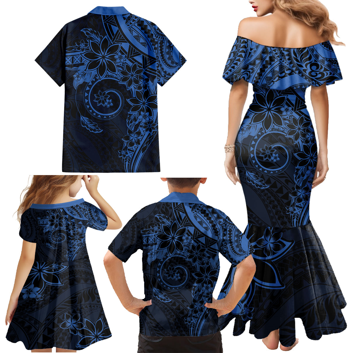 Polynesian Sunset Plumeria Family Matching Mermaid Dress and Hawaiian Shirt Navy Polynesian Tattoo