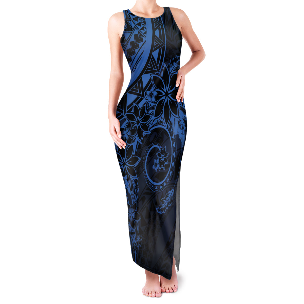 Polynesian Sunset Plumeria Family Matching Tank Maxi Dress and Hawaiian Shirt Navy Polynesian Tattoo LT05 Mom's Dress Navy - Polynesian Pride