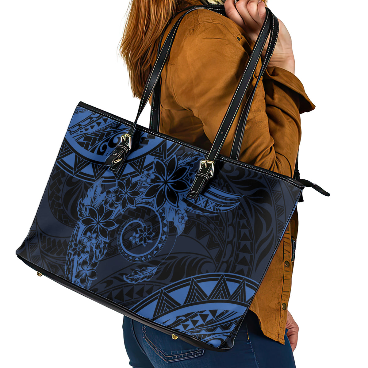 Polynesian Sunset Plumeria Leather Tote Bag Navy Polynesian Tattoo