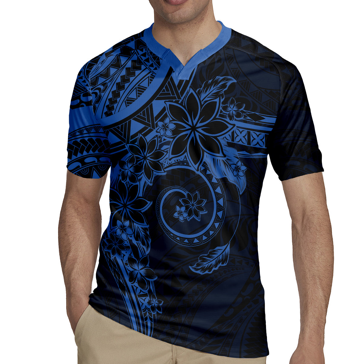 Polynesian Sunset Plumeria Rugby Jersey Navy Polynesian Tattoo