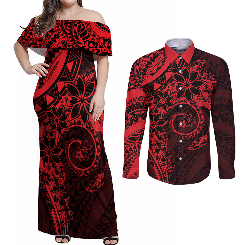 Polynesian Sunset Plumeria Couples Matching Off Shoulder Maxi Dress and Long Sleeve Button Shirt Red Polynesian Tattoo