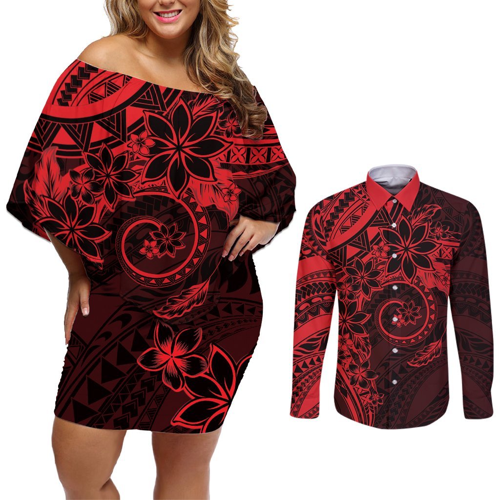 Polynesian Sunset Plumeria Couples Matching Off Shoulder Short Dress and Long Sleeve Button Shirt Red Polynesian Tattoo LT05 Red - Polynesian Pride