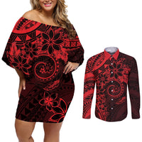 Polynesian Sunset Plumeria Couples Matching Off Shoulder Short Dress and Long Sleeve Button Shirt Red Polynesian Tattoo LT05 Red - Polynesian Pride