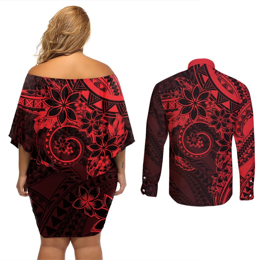 Polynesian Sunset Plumeria Couples Matching Off Shoulder Short Dress and Long Sleeve Button Shirt Red Polynesian Tattoo LT05 - Polynesian Pride