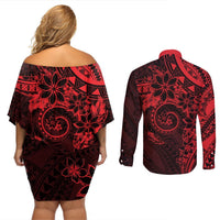 Polynesian Sunset Plumeria Couples Matching Off Shoulder Short Dress and Long Sleeve Button Shirt Red Polynesian Tattoo LT05 - Polynesian Pride