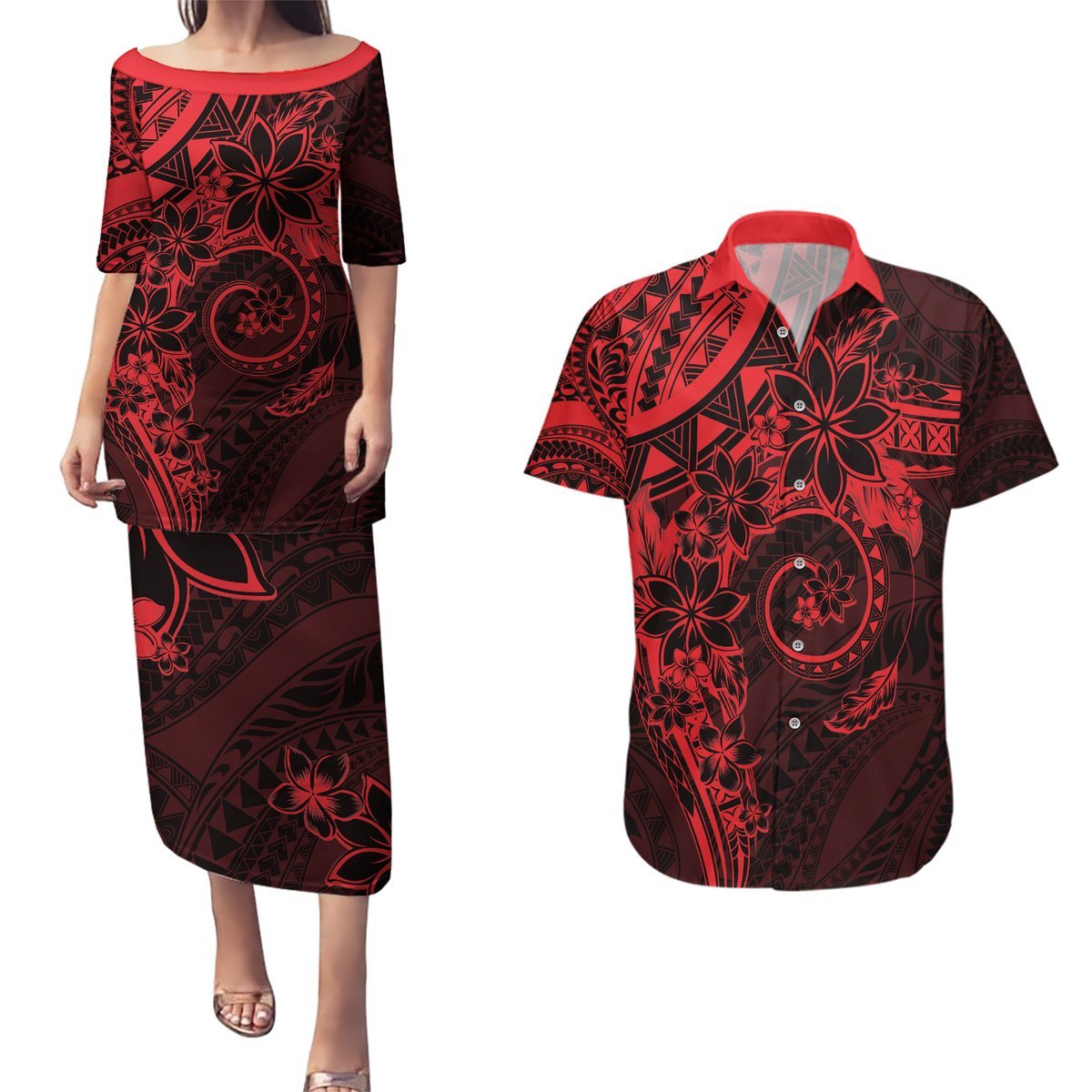 Polynesian Sunset Plumeria Couples Matching Puletasi and Hawaiian Shirt Red Polynesian Tattoo LT05 Red - Polynesian Pride