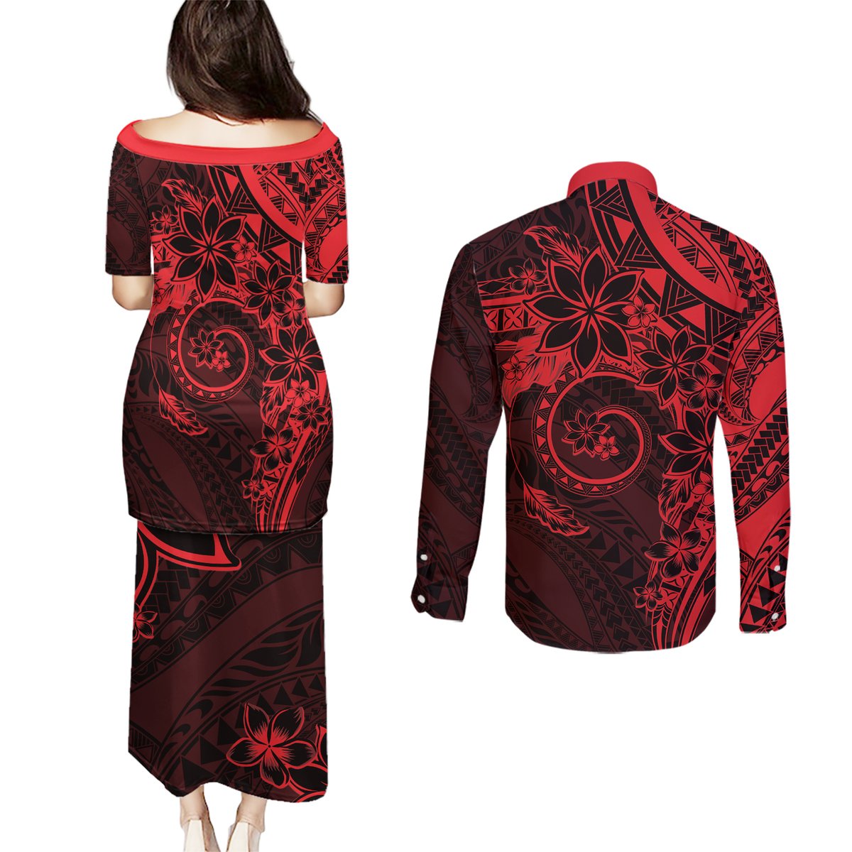 Polynesian Sunset Plumeria Couples Matching Puletasi and Long Sleeve Button Shirt Red Polynesian Tattoo