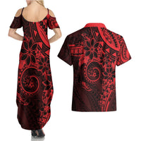 Polynesian Sunset Plumeria Couples Matching Summer Maxi Dress and Hawaiian Shirt Red Polynesian Tattoo