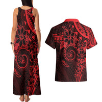 Polynesian Sunset Plumeria Couples Matching Tank Maxi Dress and Hawaiian Shirt Red Polynesian Tattoo