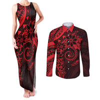 Polynesian Sunset Plumeria Couples Matching Tank Maxi Dress and Long Sleeve Button Shirt Red Polynesian Tattoo LT05 Red - Polynesian Pride