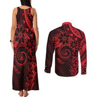 Polynesian Sunset Plumeria Couples Matching Tank Maxi Dress and Long Sleeve Button Shirt Red Polynesian Tattoo LT05 - Polynesian Pride