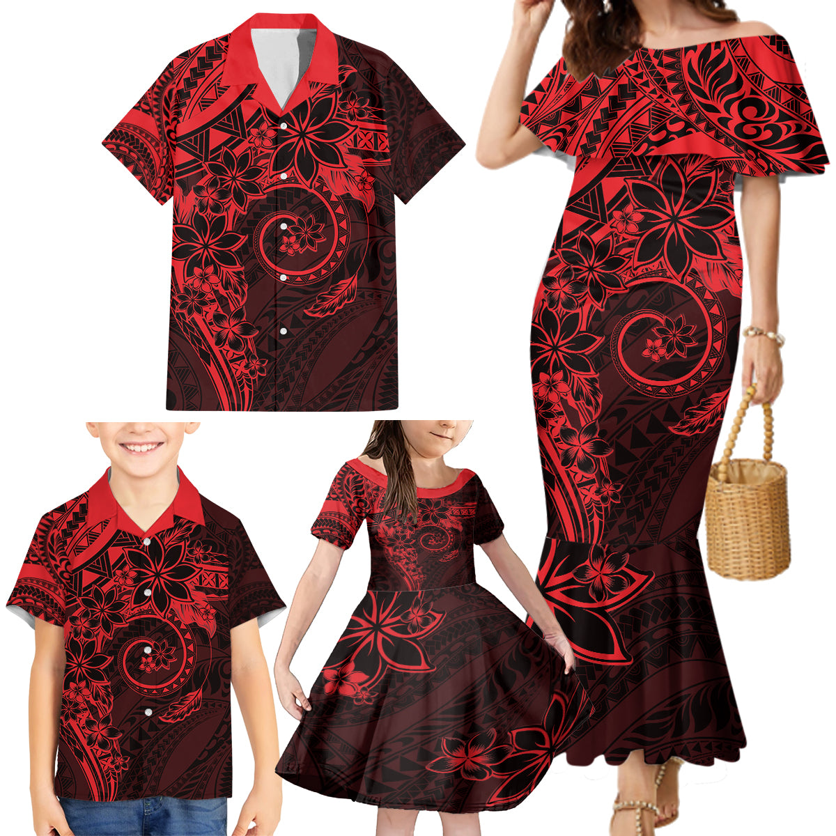 Polynesian Sunset Plumeria Family Matching Mermaid Dress and Hawaiian Shirt Red Polynesian Tattoo