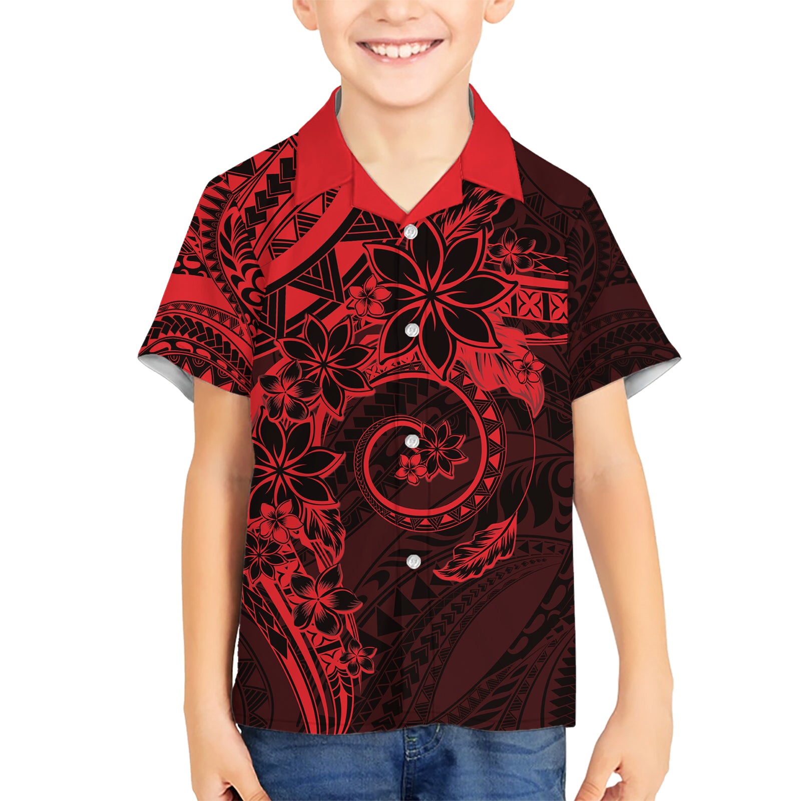 Polynesian Sunset Plumeria Kid Hawaiian Shirt Red Polynesian Tattoo LT05 Kid Red - Polynesian Pride