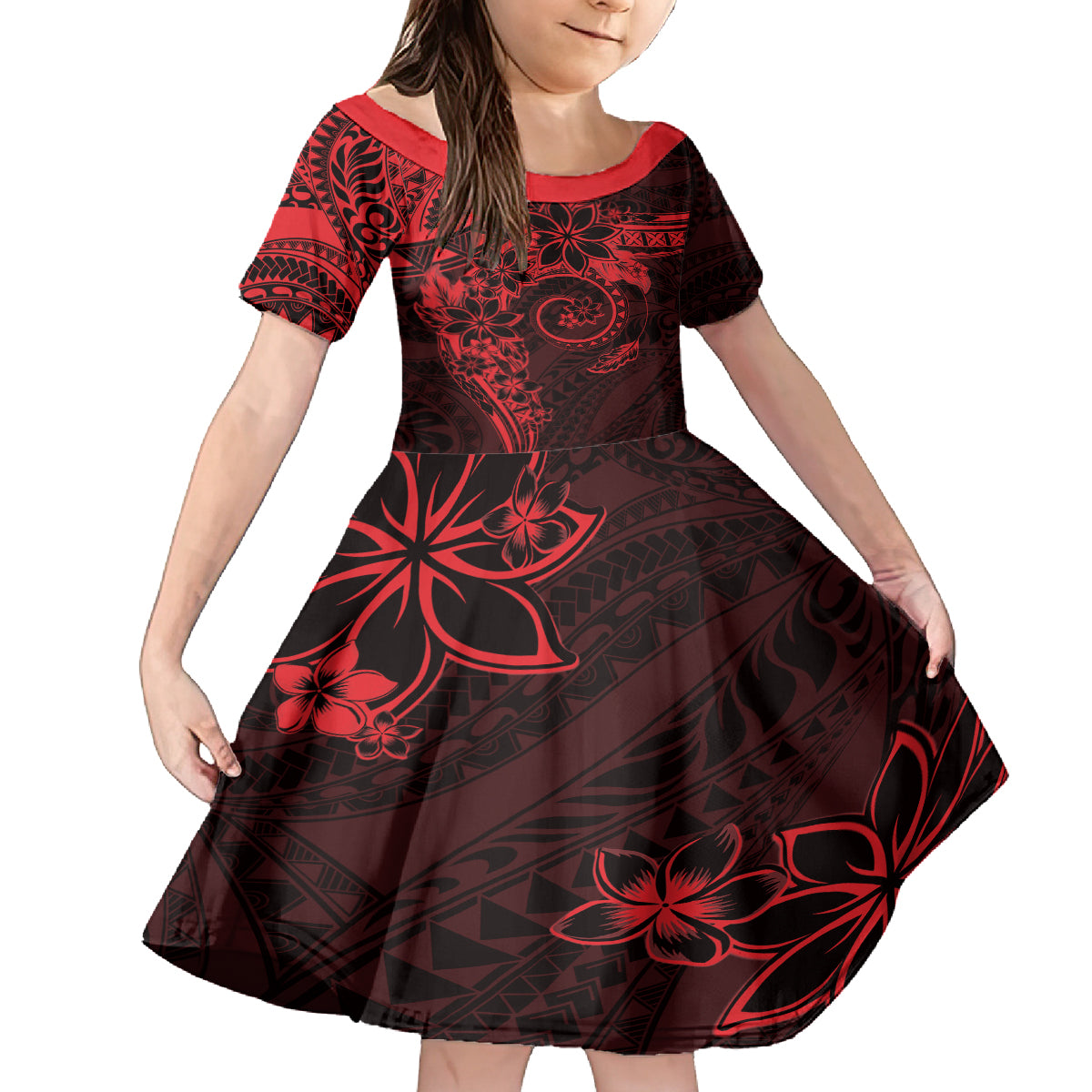 Polynesian Sunset Plumeria Kid Short Sleeve Dress Red Polynesian Tattoo LT05 KID Red - Polynesian Pride