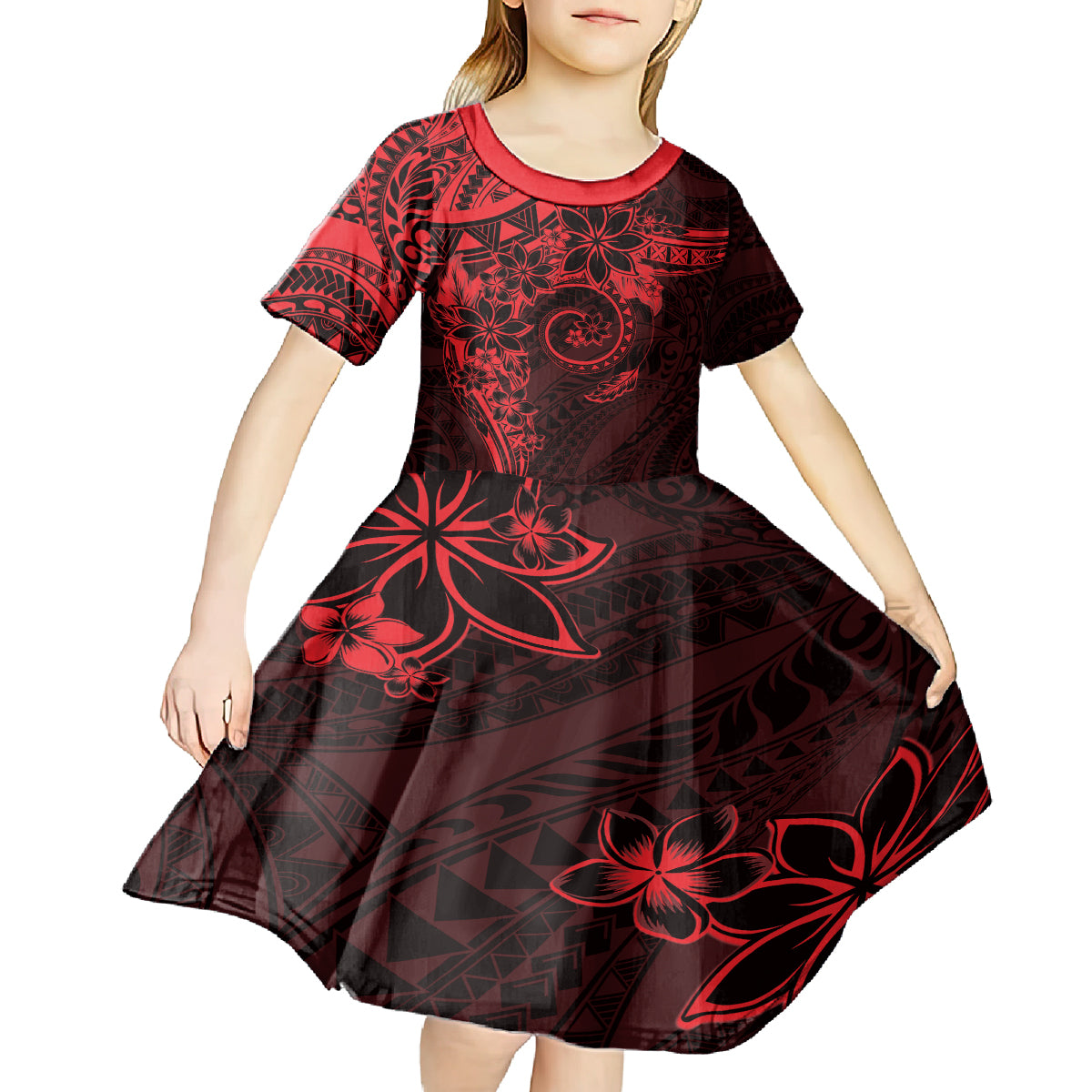 Polynesian Sunset Plumeria Kid Short Sleeve Dress Red Polynesian Tattoo LT05 - Polynesian Pride