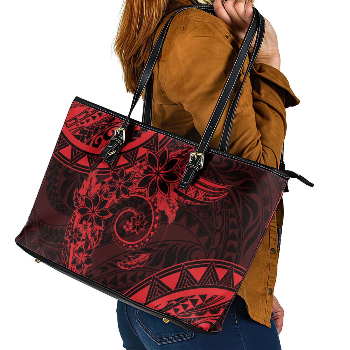 Polynesian Sunset Plumeria Leather Tote Bag Red Polynesian Tattoo