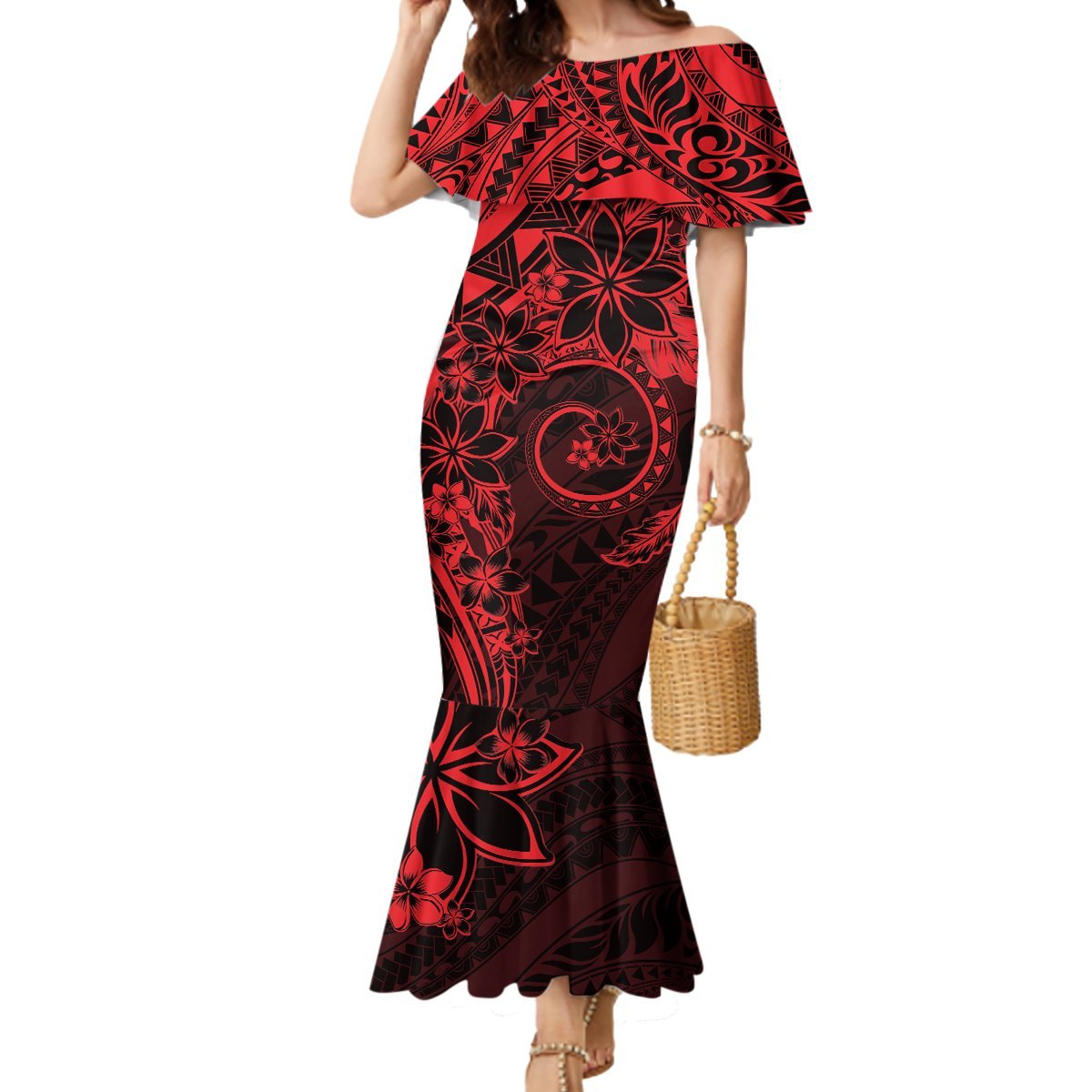 Polynesian Sunset Plumeria Mermaid Dress Red Polynesian Tattoo LT05 Women Red - Polynesian Pride